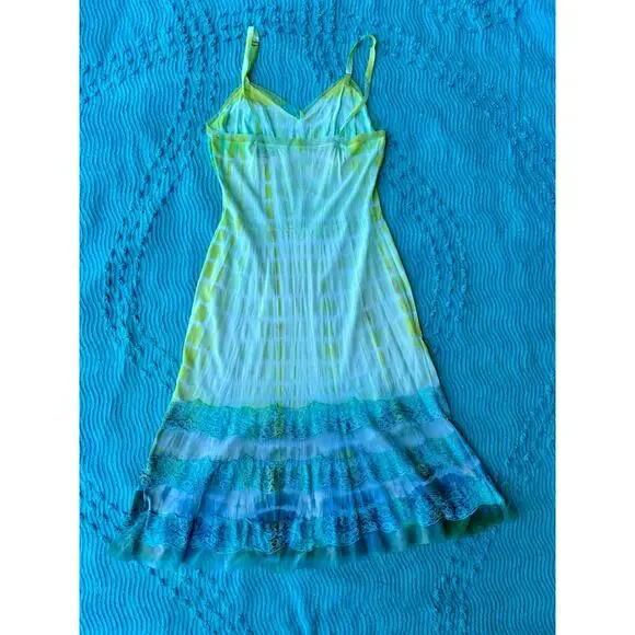 Vintage Reworked Shibori Tie Dye Slip Dress Lime Turquoise 90s Grunge Midi - Picture 5 of 9